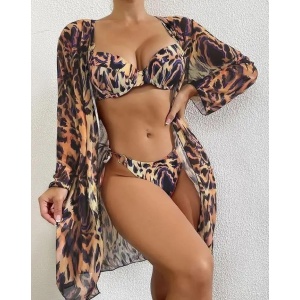 Costum de baie 3 piese cu halat, cupe buretate, slip reglabil, animal print, negru/ maro #ZZ3953