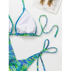 Costum de baie 3 piese cu halat de plaja, imprimeu exotic, verde/ albastru #ZZ3970 - Img 6