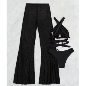 Costum de baie 3 piese cu pantalon lung din voal semitransparent, sutien petrecut, negru #ZZ3961 - Img 4