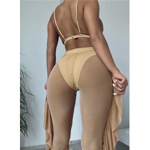 Costum de baie 3 piese cu pantalon lung semitransparent, bej #ZZ3946 - Img 2