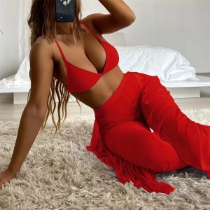 Costum de baie 3 piese cu pantalon lung semitransparent, rosu #ZZ3945
