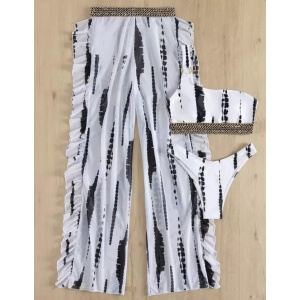 Costum de baie 3 piese cu pantaloni lungi si broderie aurie, alb/ negru #ZZ3955 - Img 5