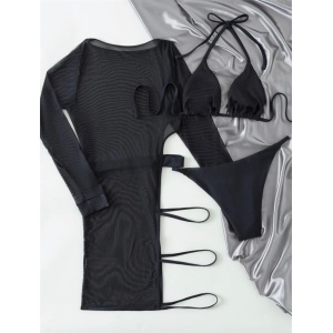 Costum de baie 3 piese cu rochie decupata lateral, negru #ZZ3907 - Img 3