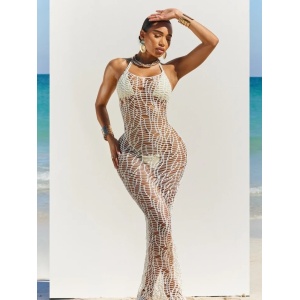 Costum de baie 3 piese cu rochie lunga crosetata, spatele gol, slip tanga, alb #ZZ3901 - Img 5