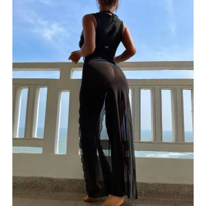 Costum de baie 3 piese, rochie lunga din voal cu crapaturi pe picioare, negru #ZZ3015