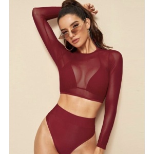 Costum de baie 3 piese sexy cu bluza scurta semitransparenta, visiniu #ZZ3926