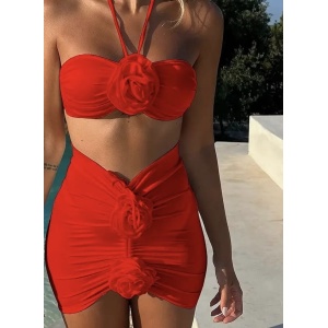 Costum de baie 3 piese sexy cu fusta scurta si trandafiri decorativi, rosu #ZZ3919