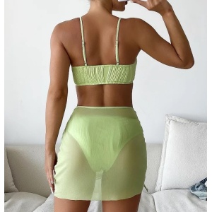 Costum de baie 3 piese texturat cu fusta scurta, verde #ZZ3975 - Img 4