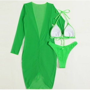 Costum de baie 3 piese texturat cu rochie decoltata, semitransparenta, verde #ZZ3977 - Img 5