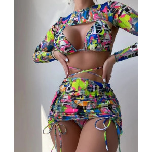 Costum de baie 4 piese cu bluza scurta si fusta cu snururi reglabile, multicolor #ZZ3033 - Img 2