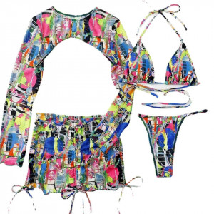 Costum de baie 4 piese cu bluza scurta si fusta cu snururi reglabile, multicolor #ZZ3033 - Img 11