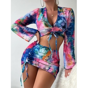 Costum de baie 4 piese cu bluza si fusta scurta, snururi reglabile, multicolor #ZZ3929