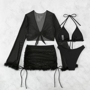 Costum de baie 4 piese cu fusta scurta si bluza, puf decorativ, negru#ZZ3012 - Img 6