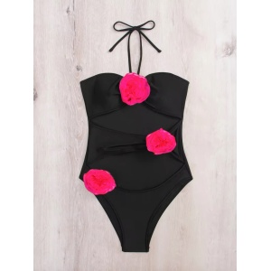 Costum de baie intreg cu decupaje si trandafiri decorativi, negru/ roz neon #ZZ1023 - Img 3