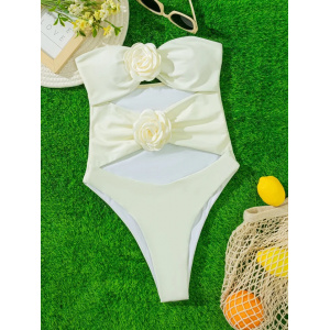 Costum de baie intreg fara bretele, cu decupaje si trandafiri decorativi, alb ivoire #ZZ1035 - Img 10