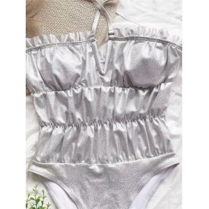 Costum de baie intreg sexy, sidefat, material texturat in partea superioara, alb #ZZ1915 - Img 11