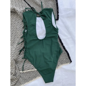 Costum de baie intreg sidefat, cu snururi laterale decorative si decupaj la spate, verde #ZZ1912 - Img 4
