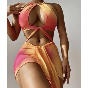 Costum de baie intreg tanga cu fusta, decupat, galben/ portocaliu, 2 piese #ZZ1950