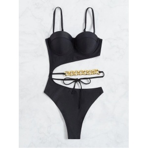 Costum de baie intreg tanga cu push-up, ridat, cu decupaj si lant auriu decorativ, negru #ZZ1923 - Img 3