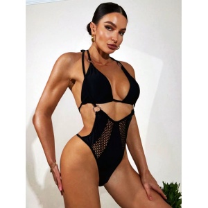 Costum de baie tanga cu decupaje și inserții de plasă, 2 piese, negru #ZZ1031 - Img 4