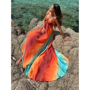 Rochie lungă sexy de plajă, vaporoasă, cu decupaje laterale, multicolor #ZZ1103 - Img 2