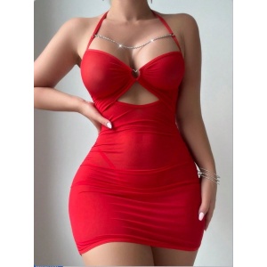 Rochie sexy de noapte din dantela fina cu lantisor argintiu decorativ, rosu, 2 piese #ZZ4586