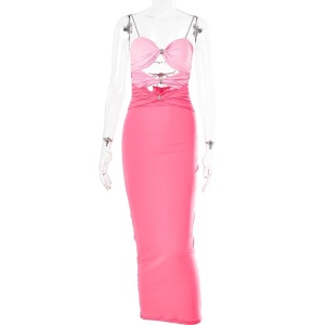 Rochie sexy lunga, decupaje si accesorii metalice cu cristale, roz #ZZ1053 - Img 9