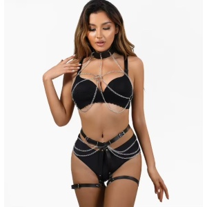 Set accesorii sexy tip ham din piele ecologica si lant, pentru bust, talie si picioare, negru, 2 piese #ZZ4114 - Img 5