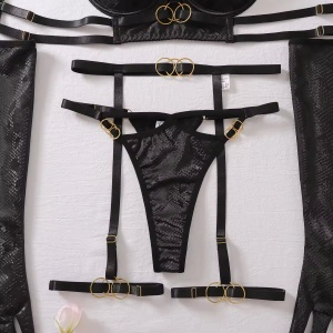 Set lenjerie intima din piele ecologica, imprimeu sarpe si manusi, negru, 5 piese #ZZ4071 - Img 12