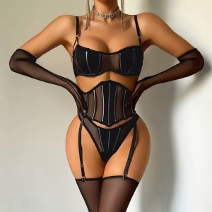 Set lenjerie intima sexy cu balene de sustinere, manusi si ciorapi, 5 piese, negru #ZZ4225 - Img 3