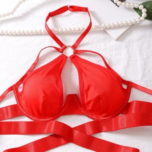 Set lenjerie intima sexy cu benzi satinate, slip cu prindere portjartier, rosu, 2 piese #ZZ4152 - Img 8