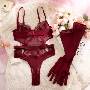Set lenjerie intima sexy cu body si manusi lungi , visiniu, 2 piese #ZZ4291 - Img 9
