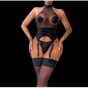 Set lenjerie intima sexy cu ciorapi si accesorii acoperire sani, negru, 4 piese #ZZ4481 - Img 6