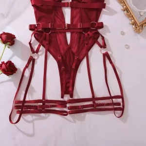 Set lenjerie intima sexy cu decolteu adânc, decupaje și bretele, vișiniu , 2 piese #ZZ4139 - Img 12