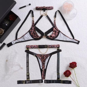 Set lenjerie intima sexy cu decupaje și imprimeu leopard, negru/ maro , 5 piese #ZZ4194 - Img 9