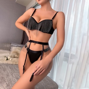 Set lenjerie intima sexy cu franjuri metalice, negru, 3 piese #ZZ4954 - Img 3