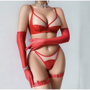 Set lenjerie intima sexy cu insertii de tul nude si manusi lungi, rosu, 4 piese #ZZ4591 - Img 3