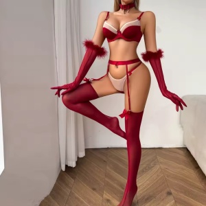 Set lenjerie intima sexy cu insertii de tul, visiniu, 6 piese#ZZ4389