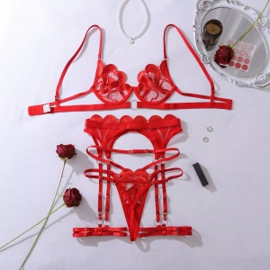 Set lenjerie intima sexy din dantela brodata cu inimioare, rosu, 4 piese #ZZ4381 - Img 6