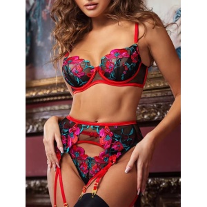 Set lenjerie intima sexy din dantela brodata cu motive florale, rosu/ negru, 3 piese #ZZ4633 - Img 9