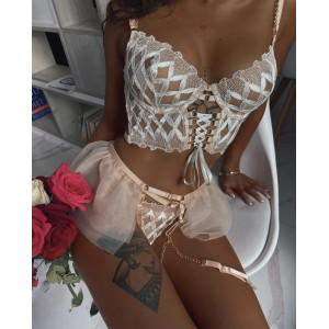 Set lenjerie intima sexy din dantela brodata si tul cu lantisoare decorative, alb/ bej, 3 piese #ZZ4256 - Img 2