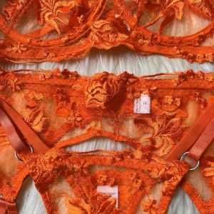 Set lenjerie intima sexy din dantela cu broderie, portocaliu, 5 piese #ZZ4321 - Img 12