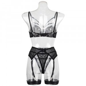 Set lenjerie intima sexy din dantela cu broderie si bretelute decorative, negru, 4 piese #ZZ4207 - Img 8