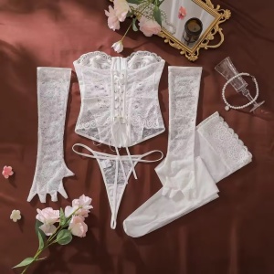 Set lenjerie intima sexy din dantela cu corset, ciorapi si manusi, 4 piese, alb, #ZZ4248 - Img 9