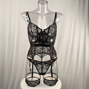 Set lenjerie intima sexy din dantela cu corset, negru, 3 piese #ZZ4580 - Img 9