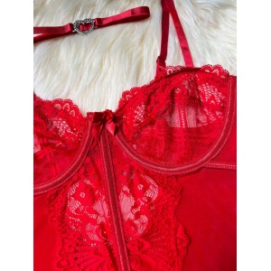 Set lenjerie intima sexy din dantela cu fundite, choker si ciorapi , rosu, 5 piese #ZZ4354 - Img 6