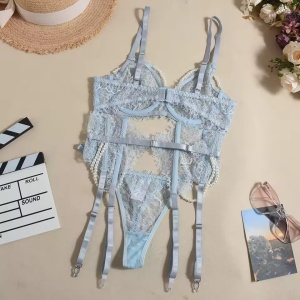 Set lenjerie intima sexy din dantela cu perle decorative, bleu, 4 piese#ZZ4009 - Img 5