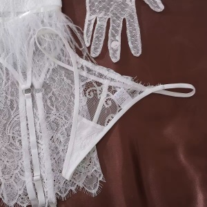 Set lenjerie intima sexy din dantela cu puf decorativ si manusi , alb, 4 piese #ZZ4641 - Img 8