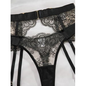 Set lenjerie intima sexy din dantela fina cu broderie si benzi late, negru, 4 piese #ZZ4320 - Img 10