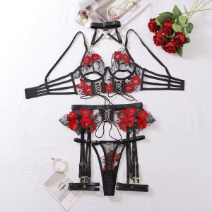 Set lenjerie intima sexy din dantelacu broderie florala, negru/ rosu, 5 piese #ZZ4383 - Img 10